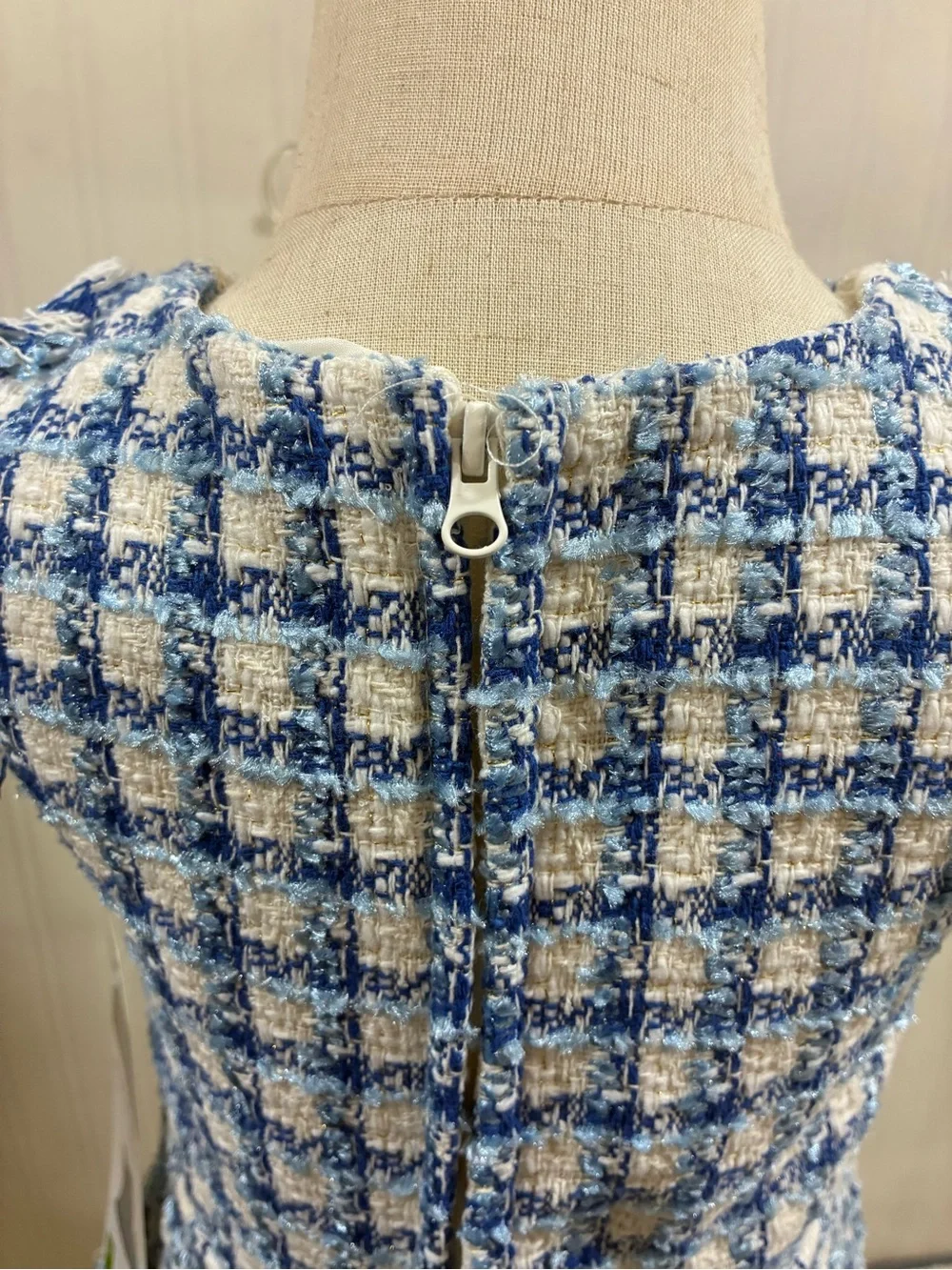Blue Tweed Girls Dress with Velvet Bow